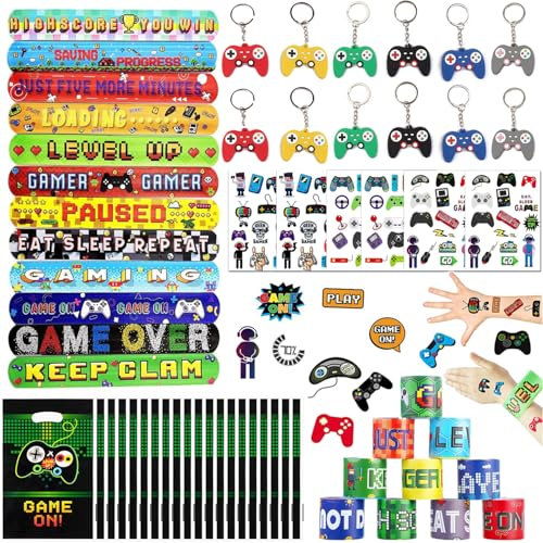 Augweyang Videospiel-Partygeschenke, Gaming-Themen-Partygeschenke, inklusive Spiel-Armbändern, Schlüsselanhänger-Tattoos und Geschenktüten für Videospiele, Geburtstagspartys, Dekorationen