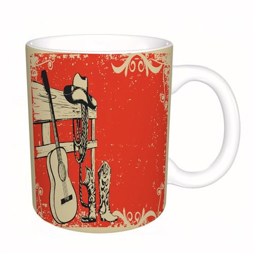 KDWJS Coffee Mug Funny Mug,Coloured Mug Cup Gift Birthday Work Office Christmas Printed Coffee Cup 11Oz Cups 330ml,White,Western, Image of Wild west Elements with Country Music Guitar and Cowboy Boot