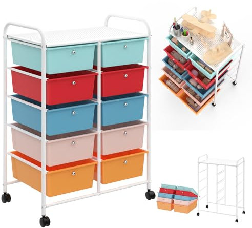 UISEBRT Rollwagen mit 10 stapelbaren Schubladen, Schubladenwagen Rollcontainer mit Metallgestell und Ablagefläche, Badrollwagen Aufbewahrungswagen für Büro, Wohnzimmer (96 x 39,5 x 66 cm)