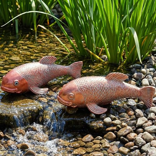 Euiroet Koi Fish Decor, Set of 2 Antique Koi Garden Statues Art, Pond Accessories, Yard Pond Decor, Large Outdoor Garden Statues Ornaments, Real Fish Sculpture Art (10.8)