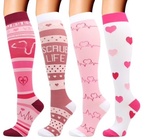 DRESHOW 4 Paires Chaussettes de Compression pour Femmes & Hommes Circulation pour Athlétisme,Course,Cyclisme,Voyage