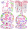 120 Pcs Pink Watercolor Dinosaur 4th Birthday Party Supplies 4 Rex Birthday Party Decoration Includes Plates Cups Napkins Forks Tableware for Girls Roar I'm 4 Dinosaur Four Years Old Birthday Favors