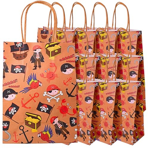 TE-Trend 12 Stück Tüten Kindergeburtstag Geschenktüten Papiertüten mit 12 Stickern Mitgebsel oder Mitbringsel (Pirat-Tüten)