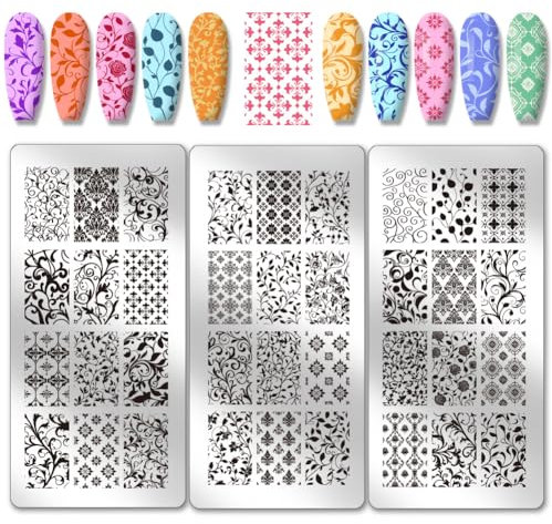 PH PandaHall 3pcs Blume Textur Nagel Stamping Plates 36 Patterns Leaf Floral Nails Art Stencils Plants Blätter Maniküre Kunst Schablonen Edelstahl Nagel Bild Platte für Frauen Maniküre Salon Design