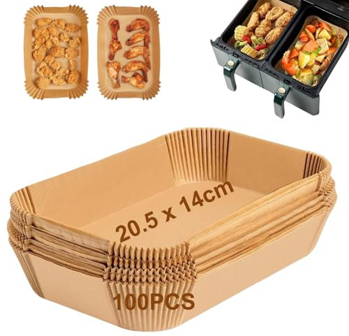 Papier Cuisson pour Ninja Air Fryer, 100 Pièces 20,5x14cm Rectangulair Paper Liners Friteuse Sans Huile Accessoires pour Dual Zone Double Stack Friteuse à Air, compatible avec Ninja AF300EU/AF400EU