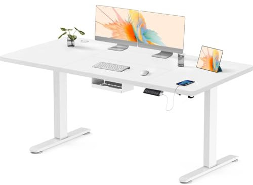 Flamaker Höhenverstellbarer Schreibtisch 140 x 70 cm, Schreibtisch Höhenverstellbar Elektrisch mit Memory Funktion, Computertisch mit Kabelmanagement, Standing Desk, Stehpult, Bürotisch, Weiß
