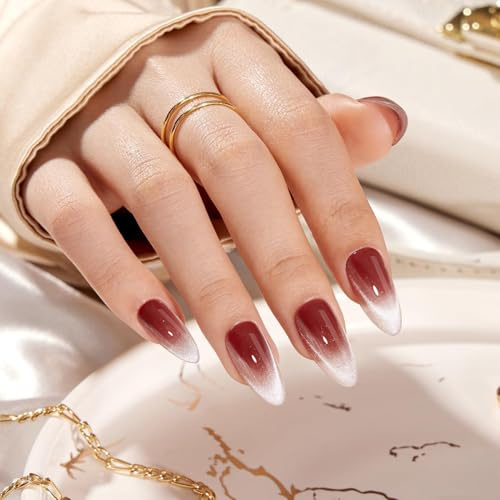 VSALON Press on Nails Medium Almond-Rotes French-Tip-Katzenaugen-Glitzer-Ombré-Nagelset für Damen,Selbstklebende Fingernägel mit Kleber und Nagelhautöl – 32 Stück in 16 Größen