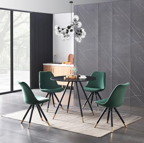 P&N Homewares Sofia Dorchester LUX Round Dining Table Set – Marble Effect Top, 4 Velvet Chairs – Scandinavian Style, Black Metal Legs with Gold Tips – Kitchen Dining Room Furniture