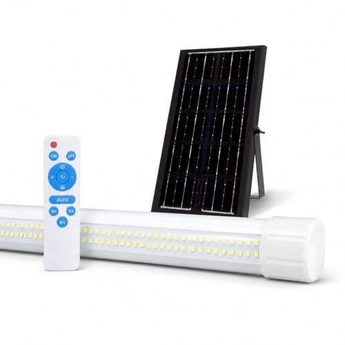 Groupe DDC Reglette LED Solaire Extérieur 4000K – Éclairage Garage, Terrasse, Abri – 3 Tailles, Télécommande, Autonome Jusqu’à 12h, IP54 Étanche, Sans Fil (51 CM)