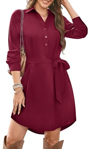 Florboom Damen Langarm Blusenkleid V-Ausschnitt Chiffon Kleid Lässige Herbst Minikleid mit Taschen