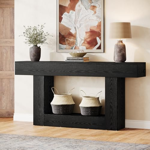 Tribesigns Konsolentisch, 160 cm lang, 2-stöckiger Eingangstisch, Sofatisch mit Stauraum, Bauernhaus-Holz hinter Couchtisch für Wohnzimmer, Flur (Schwarz)