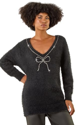 Roman Originals Fluffy Sparkly Bow Knit Jumper for Women UK - Ladies Everyday Autumn Winter V-Neckline Comfy Soft Evening Vacation Work Party Night Out - Black - Size 20