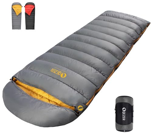 QEZER Sacco a Pelo 0 gradi,Fodera in Grafene Antistatico e Super Caldo, Sacco a Pelo in piuma Ultraleggero 620FP, Temperatura Confortevole da 0°C a -8°C, per Trekking Alpino e Campeggio (Grigio500)
