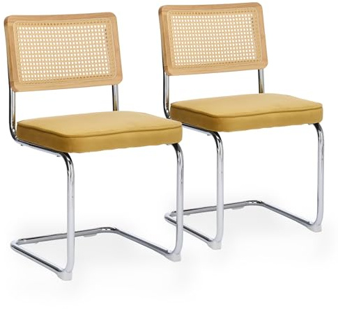 Freischwinger Esszimmerstuhl 2er Set mit Rattan Rückenlehne und Samt Sitz | Stahl-Chrom Gestell mit Rutschfester Basis, Mid Century Modern Design, Ideal als Küchenstuhl oder Akzentstuhl im Wohnbereich