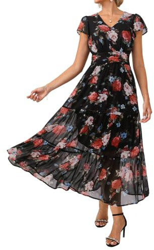 GRACE KARIN Damen Rüschenärmel V-Ausschnitt Midikleid A-Linie Blume Sommerkleid Mit Taschen