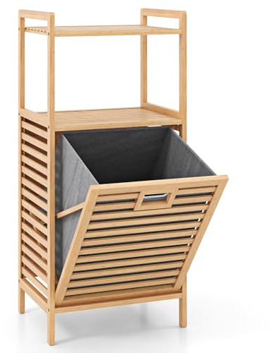 Multigot Tilt-out Laundry Hamper, 43L Bamboo Washing Clothes Basket | Freestanding Dirty Clothes Sorter Laundry Storage Cabinet with 2 Storage Shelves and Removable Bag for Bathroom Bedroom