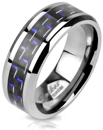 BlackAmazement Unisex Titan Ring Silber Carbon Inlay Schwarz Blau Herren Damen Partnerring Ehering (60 (19.1), Farbe: Schwarz & Blaue Streifen)