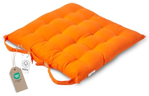 HOMESCAPES - Seat Pad - Orange - 40 x 40 cm - Indoor - Garden - Dining - Chair Cushion with a Button Tie Handle to fix to Chair - 100% Cotton - Well Filled - Easy Care - Washable At Home