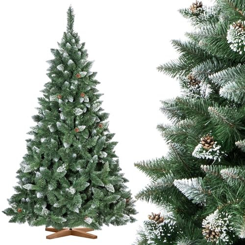 FairyTrees Pino Naturale con Punte innevate, Albero di Natale Artificiale, PVC, pigne Naturali, Supporto in Legno, 220cm