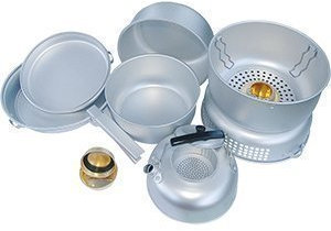 Hochwertiges 10 teiliges CI Outdoor Spiritus Camping-Kochset Deluxe für 2-3 Personen aus Alumiunium mit Spititus Kocher 2 Töpfe, Deckel, Pfannen Teller Wasserkessel mit Einsatzsieb Haltegriff