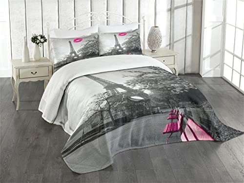 ABAKUHAUS Paris Tagesdecke Set, Romantische Stadt und EIN Kuss, Set mit Kissenbezügen farbfester Digitaldruck, für Doppelbetten 220 x 220 cm, Schwarz-weiß-pink