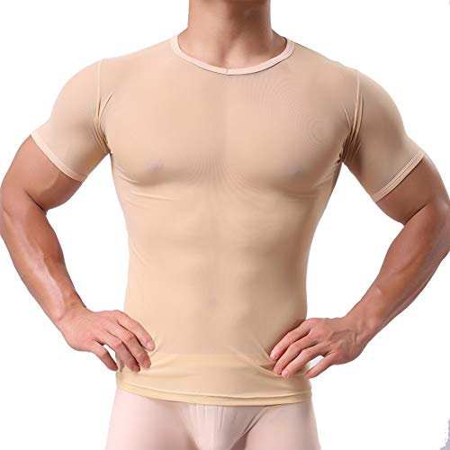 sandbank Men's Sexy Underwear T-Shirt Long Sleeve Mesh Sheer Top Undershirt Nightwear (M, Khaki # Short Sleeve)