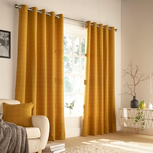 furn. Ellis Windowpane Check Eyelet Curtain Pair - Ochre - 229x183cm