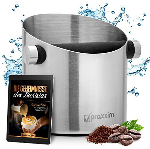 praxxim Abklopfbehälter für Siebträger >> mit EBOOK für KAFFEE-Spezialitäten << Espresso Abschlagbox Optimal für 1-2 Espresso Genießer im Haushalt - Kaffeesatz Abschlagbehälter aus Edelstahl