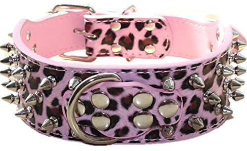 haoyueer Collar de cuero con pinchos y remaches de bala tachonados de 2 pulgadas de ancho, elegantes collares de cuero para perros medianos y grandes, Pitbull … (L, leopardo rosa)