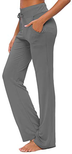 OURCAN Damen Yoga Hose Mit Taschen Breites Bein Kordelzug Lose Gerade Lounge Laufen Workout Modale Hose Aktive Freizeit Jogginghose (Dunkelgrau, M)
