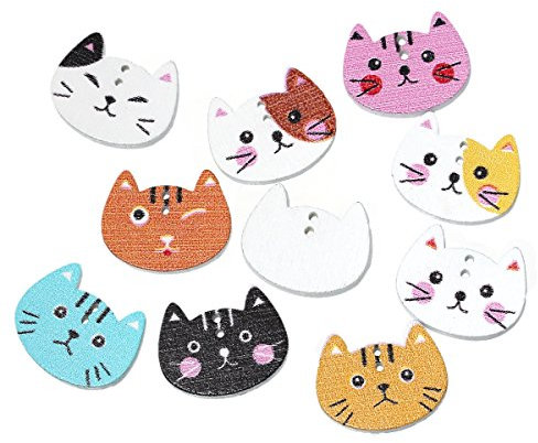 SiAura Material - 100 Stück Holzknöpfe Scrapbooking Katze 20mm x 16mm, zufällig gemischt, 2 Löcher I Zum Nähen, Basteln und Dekorieren
