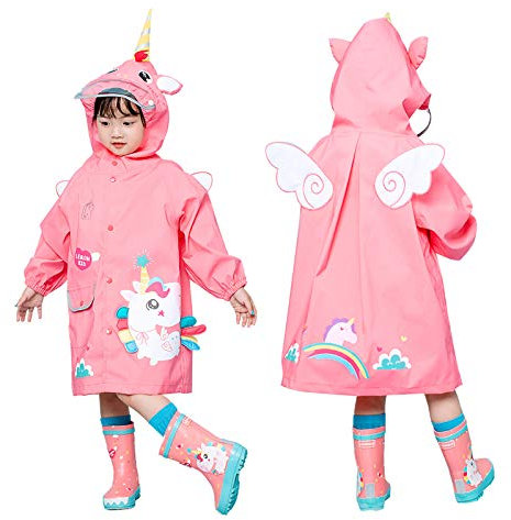 JinBei Chaqueta Impermeable para Niñas Encapuchado Chubasquero Reutilizable Poncho Ligero Traje Capa de Lluvia,Lindo Impermeable de Dibujos Animados en 3D Rosa Unicornio 3-4 Años