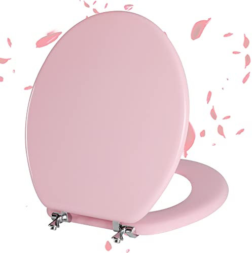 Angol Shiold Pink Round Toilet Seat - Natural Wood with Zinc Alloy Hinges, Easy to Install and Clean, Scratch Resistant