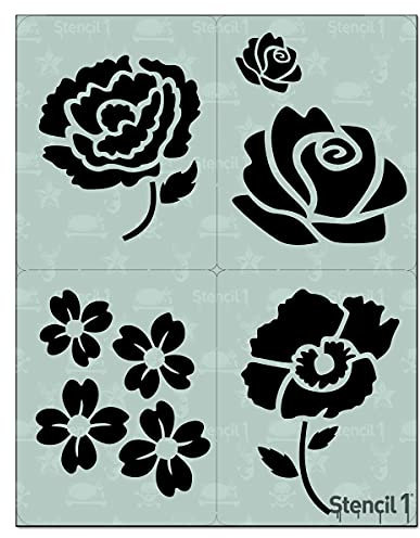 Stencil1 Vier Blumen Schablone, Garten Schablonen 11 x 8,5 Zoll für Malerei, Wandkunst, DIY zu Hause und verwendet für Dekor, auf Stoff, Glas, T-Shirt, Papier, Boden und Holz - wiederverwendbar