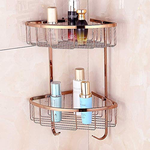 MHBGX Modern Minimalist Shelf,Storage Basket Double Copper Bathroom Corner Shelf Wall-Mounted Shower Box Bracket Hanging Rose Gold Triangle Bathroom Shelf