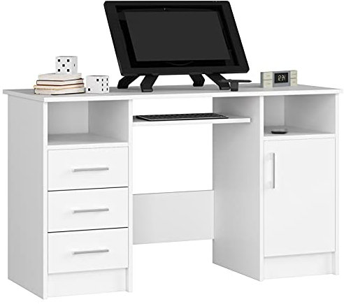 AKORD Schreibtisch ANA 124 cm | mit 1 Tür und 3 Schubladen | Office Desk | Computertisch | Bürotisch | PC-Schreibtisch | B124 x H74 x T52 cm | Gewicht 46,40 kg | Weiß/Weiß