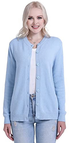 SMILING PINKER Femmes Cardigan Tricot Gilet Manches Longues Pull avec Boutons Casual Hiver(Bleu Clair,XL)