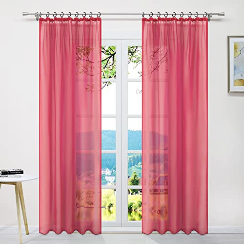 ESLIR Gardinen mit Kräuselband Vorhänge Fensterschal Transparent Schlaufenschal Voile Schal Uni Rot BxH 145x260cm 1 Stück