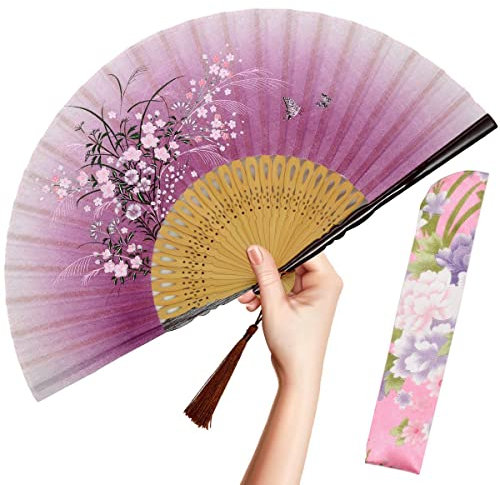 OMyTea Folding Hand Fan for Women - Foldable Chinese Japanese Vintage Bamboo Silk Fan - for Hot Flash, Church, EDM, Music Festival, Party, Dance, Performance, Decoration, Gift (Pink Grassflower)