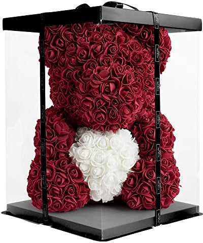 Infinity® Rosenbär Dunkelrot 40 cm mit Herz – Handgefertigter Bär mit Geschenkbox & über 600 duftenden 3D-Rosen – Geschenk für Frauen, Geburtstag oder Jahrestag
