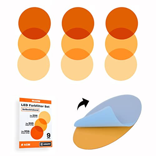KROPP Self-Adhesive Colour Films for LED Lamps, 4 cm Circle Cut, 3 Tones Warm White Colour Filter for Colour Correction, Daylight to Incandescent Light, Filter Set of 9