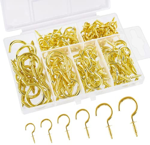 JSUOEO Cup Hooks Heavy Duty, 130PCS Drop Ceiling Hooks Screw Small Hanging Ceiling Hook Metal Multi Size Screw-in Hooks for Hanging Tea Cup Key Indoor and Outdoor Use Gold