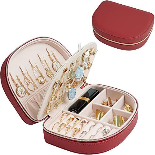 ProCase Travel Jewellery Box Small Organiser for Women Girls, Portable 2 Layer Mini Jewelry Storage Case in PU Leather for Earring Necklace Bracelet Ring Holder Box, Gifts for Women -Red