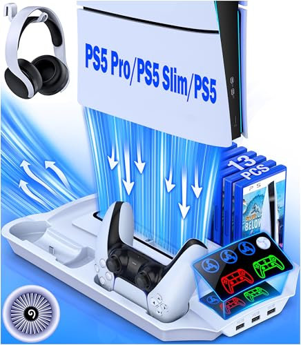 ps5 halterung mit 3 geschwindigkeits-Kühlventilator, PS5 Zubehör inkl. Dual Ladestation für PS5 Driver, 13 Spielsteckplätze, 3 USB-Hub, Kopfhörerhalter, Medienschlitz, PS5-Kühlstation für digitale