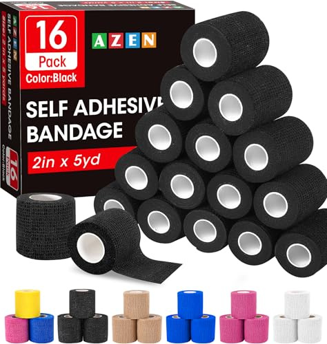 AZEN 16 Pack Self Adhesive Bandage Wrap Black, 2 X 5 Yards Black Athletic Tape, Vet Wrap, Tattoo Grip Tape Wrap,Ankle Tape, Cohesive Bandage Wrap