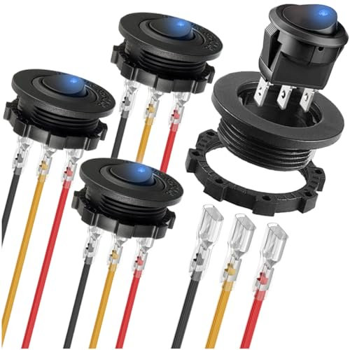 MKBKLLJY 4St. Runder Wippschalter DC 12V 20A 24V 10A Blauer LED beleuchteter Schalter SPST 3Pin Ein Aus 12V DC Kippschalter für Auto Boot mit runder Schale verschlossene Klemme Drähte