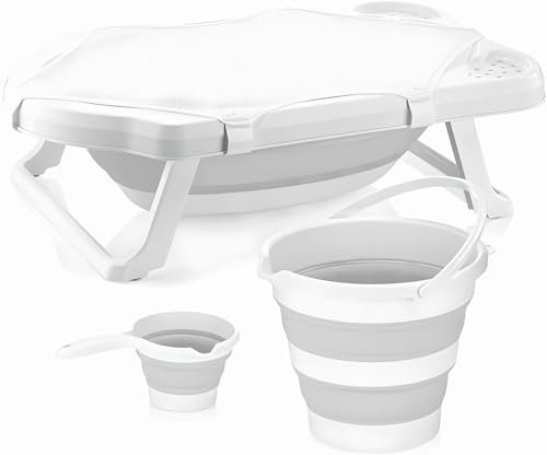 Juego de bañera para bebé plegable grande de 33 litros, bañera para bebé con inserto de bañera, taza de lavado y cubo. Bañera plegable para bebés de 0 a 6 años, 82 x 48 x 23 cm