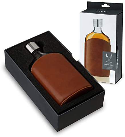 Viski Parker Flachmann mit Lederummantelung – Glasflasche mit Lederbeutel – Whisky-Flachmann für Herren mit Edelstahl-Schraubverschluss – 200 ml, 1 Stück