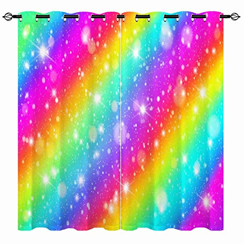YUANZU Gestreifte Vorhänge Regenbogen Glitzer Ösen Gardinen mit Blickdichte Thermo Vorhang Kälteschutz Blackout Curtain Mädchenzimmer Schlafzimmer Verdunkelung Fenster, 2 Stück, H 114 x B 132 cm