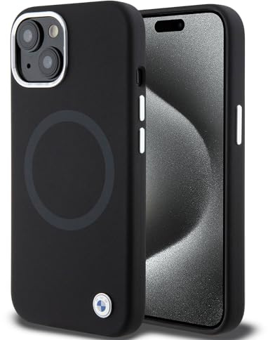 CG MOBILE BMW Handyhülle Kompatibel mit Magsafe und iPhone 15 in Schwarz mit UV-Lackring, Silikon Glatt & Anti-Kratzer Schutzhülle mit Easy Snap-on, Stoßdämpfung & Signature Logo, (BMHMP15SSILBK2)